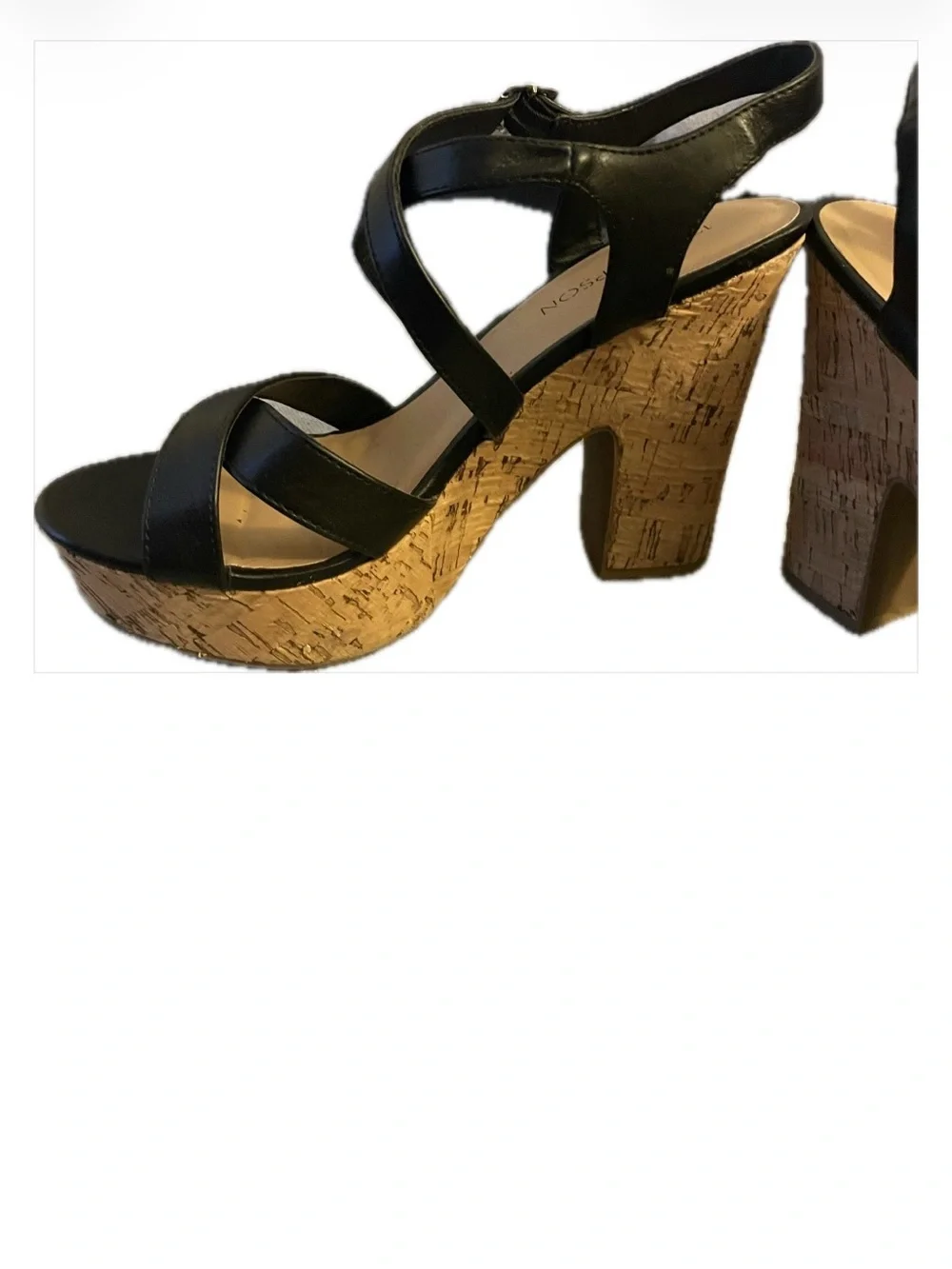 12 Thompson Black Cork Platform Strappy Sandals
